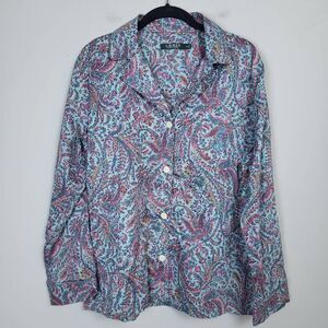 Lauren Ralph Lauren Womens Paisley Pajama Top Pink Blue Medium Button Up Logo